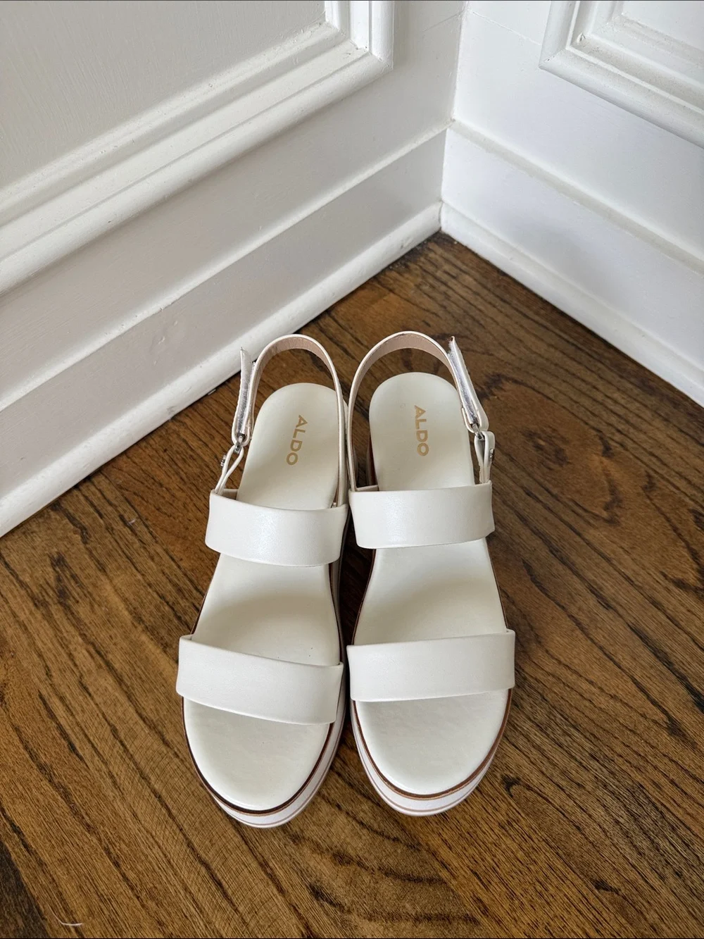 Aldo White Platform Slingback Sandals with Tan Trim